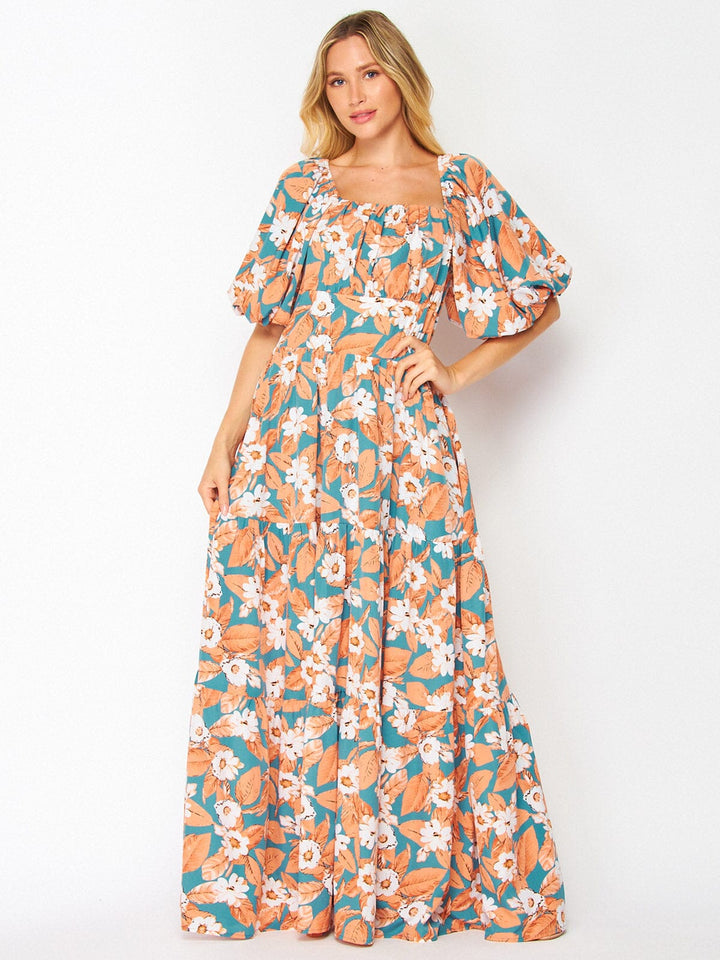 WOMEN'S SHORT PUFF SLEEVE POCKETS FLORAL MAXI DRESS