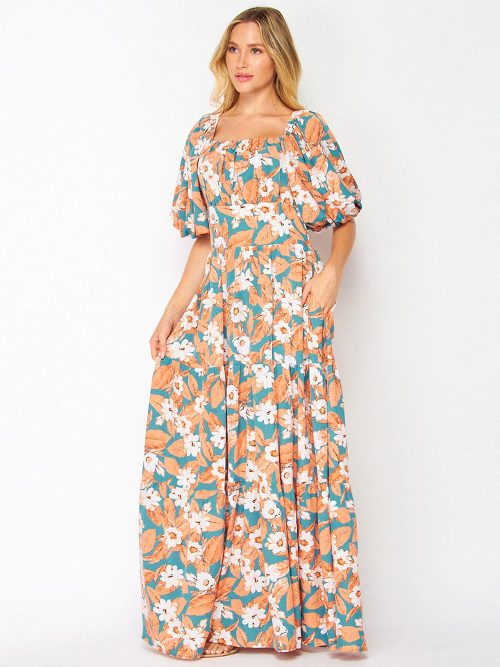 WOMEN'S SHORT PUFF SLEEVE POCKETS FLORAL MAXI DRESS