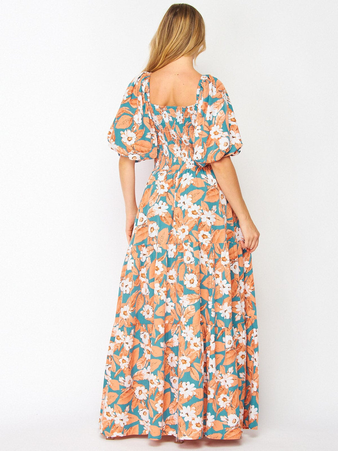 WOMEN'S SHORT PUFF SLEEVE POCKETS FLORAL MAXI DRESS