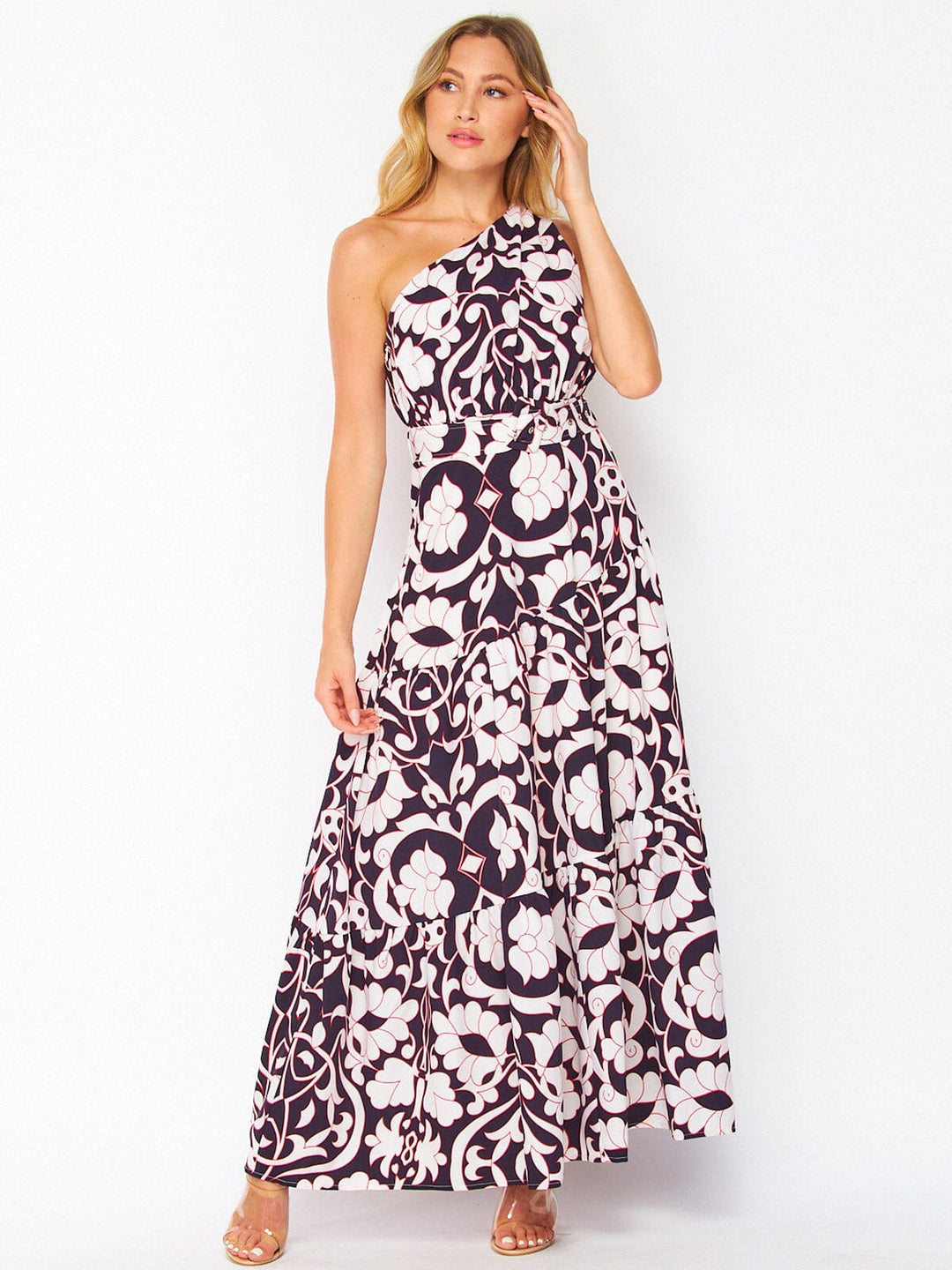 WOMEN'S ONE SHOULDER BELTED FLORAL MAXI DRESS