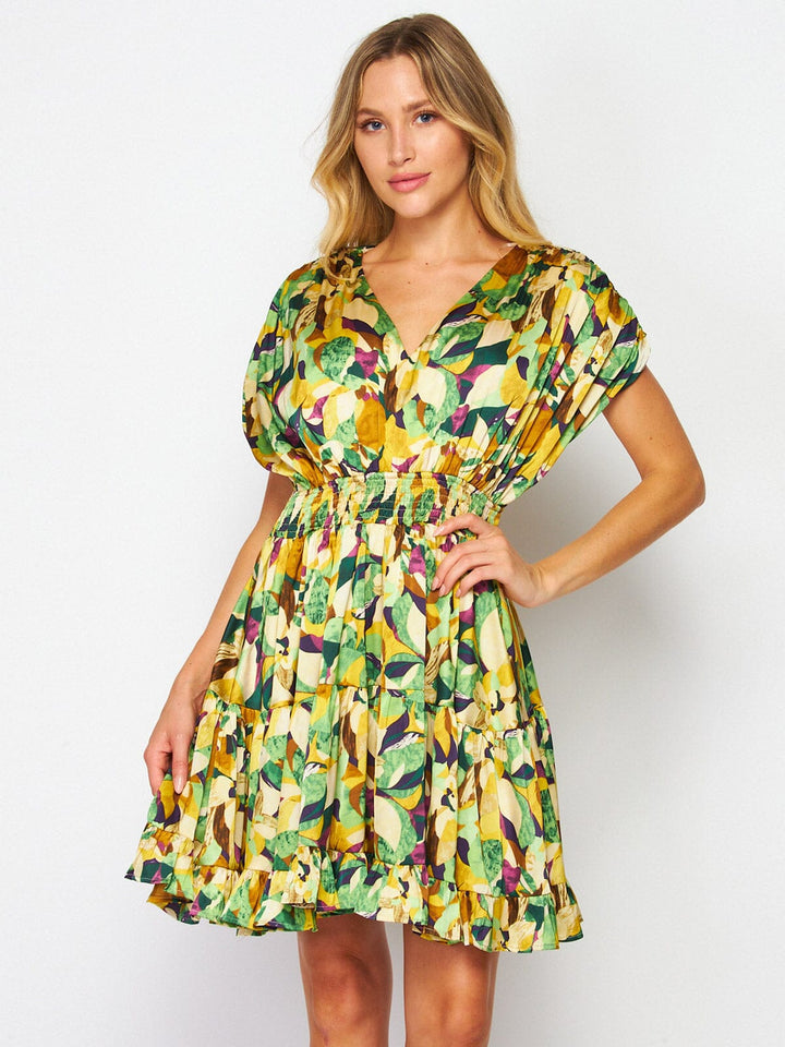 WOMEN'S SHORT SLEEVES SMOCK WAIST V-NECK FLORAL MINI DRESS