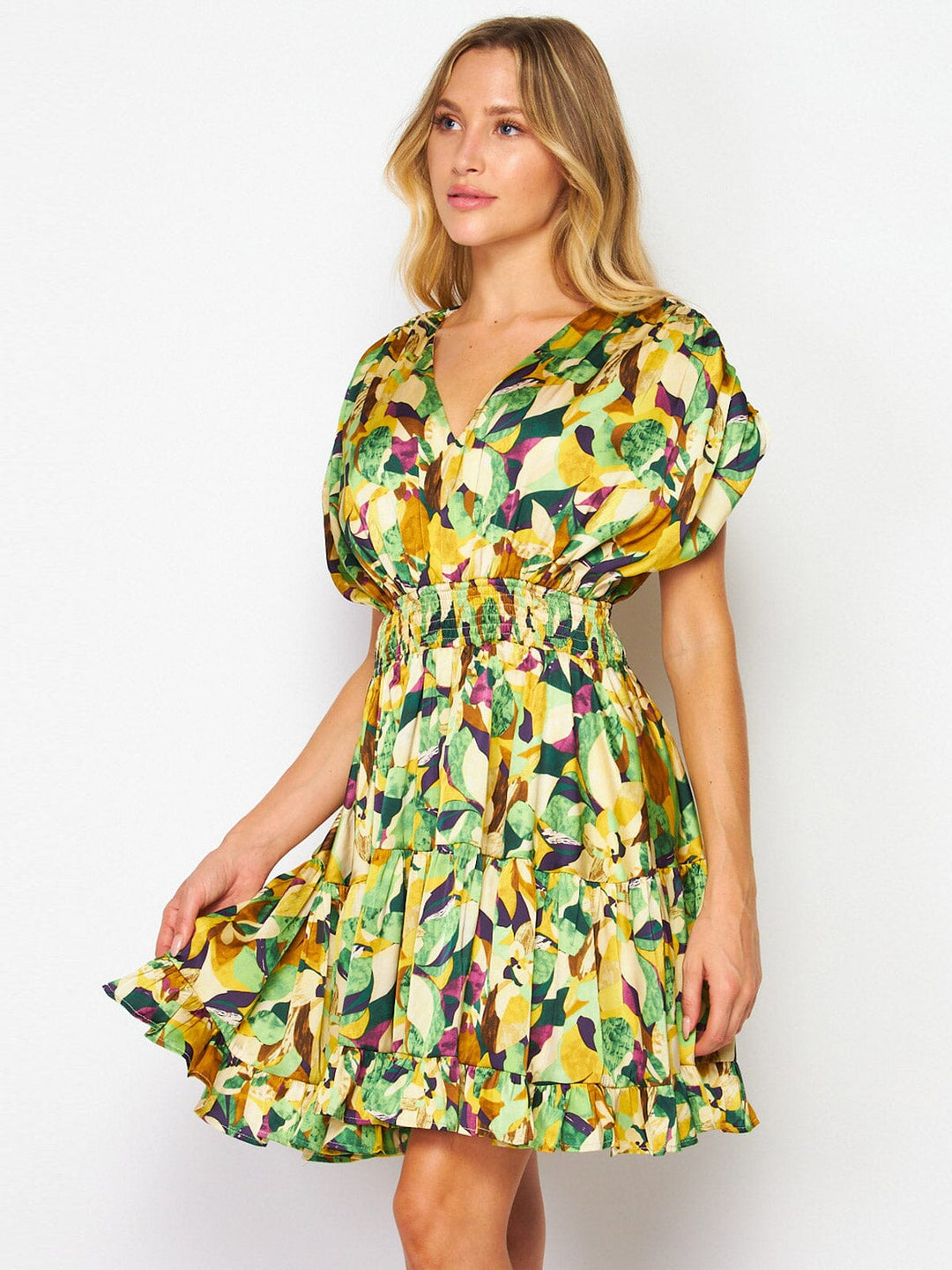 WOMEN'S SHORT SLEEVES SMOCK WAIST V-NECK FLORAL MINI DRESS