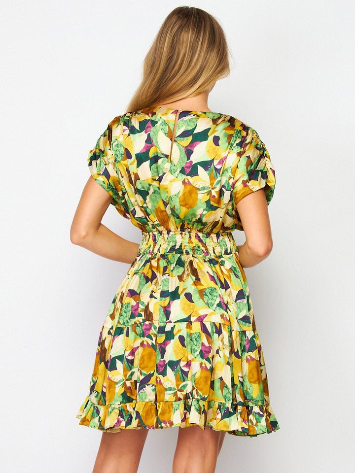 WOMEN'S SHORT SLEEVES SMOCK WAIST V-NECK FLORAL MINI DRESS