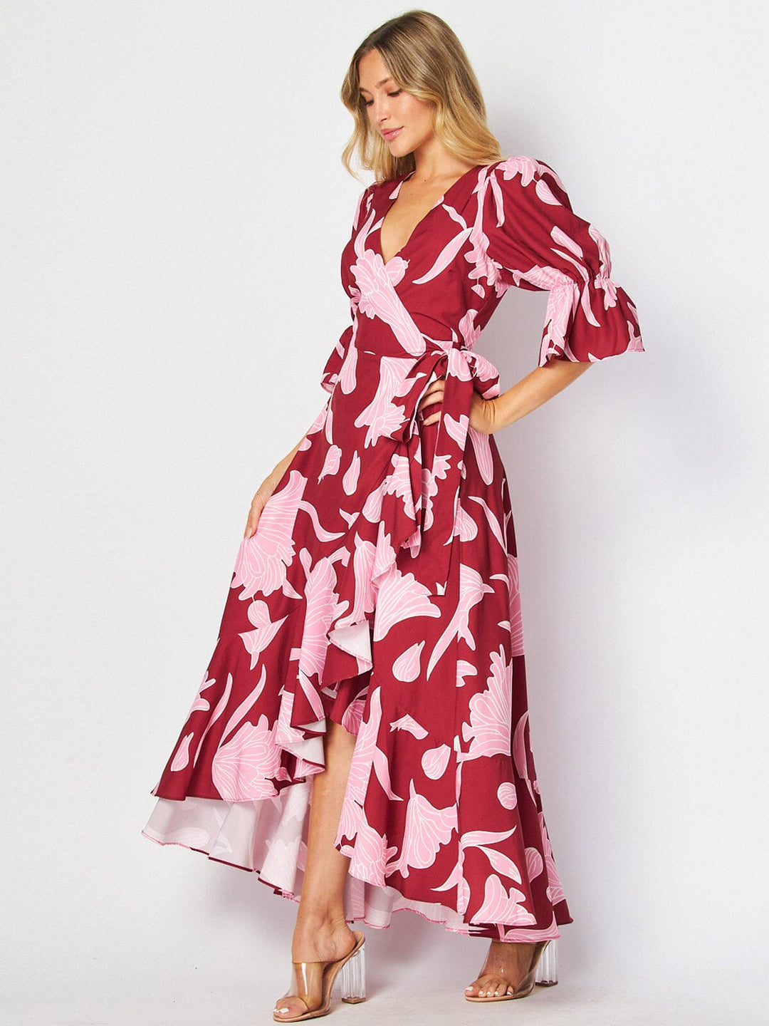 WOMEN'S 3/4 SLEEVES HIGH-LOW WRAP FLORAL MAXI DRESS