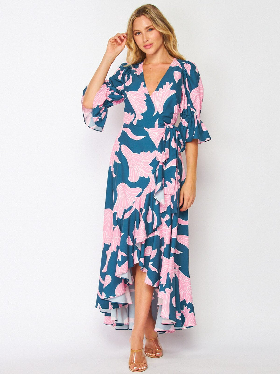 WOMEN'S 3/4 SLEEVES HIGH-LOW WRAP FLORAL MAXI DRESS