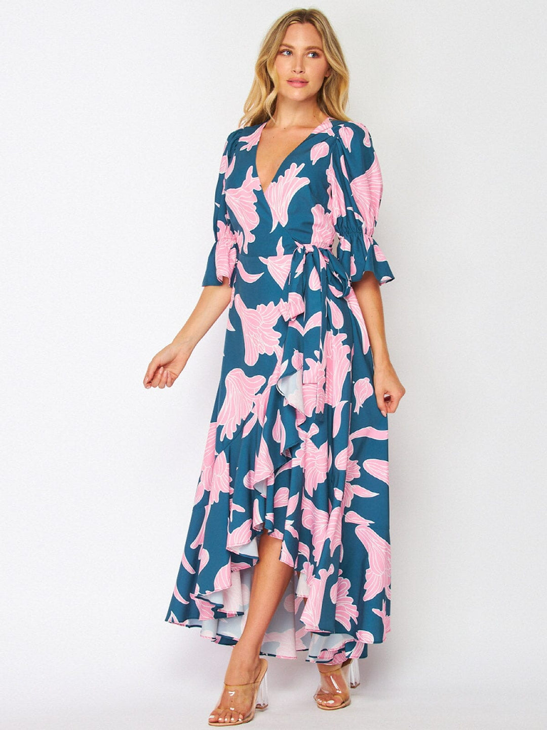 WOMEN'S 3/4 SLEEVES HIGH-LOW WRAP FLORAL MAXI DRESS