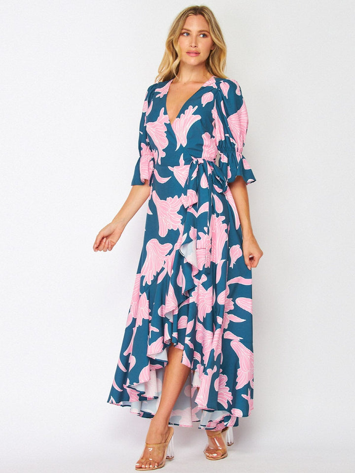 WOMEN'S 3/4 SLEEVES HIGH-LOW WRAP FLORAL MAXI DRESS