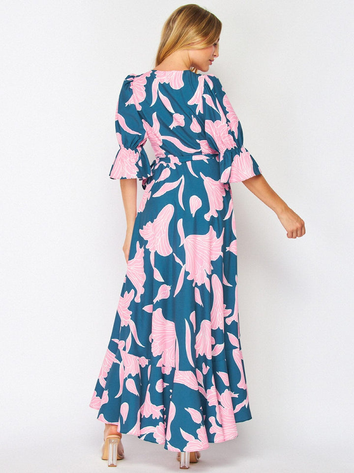 WOMEN'S 3/4 SLEEVES HIGH-LOW WRAP FLORAL MAXI DRESS