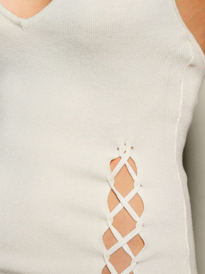 WOMEN'S SLEEVELESS V-NECK LACE UP DETAILED OPEN BACK BODYCON MINI DRESS