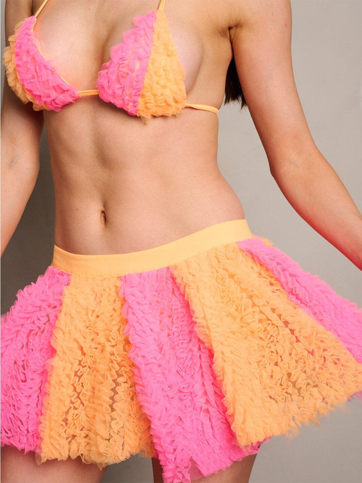 WOMEN'S SLEEVELES CROP TOP & ZIP UP RUFFLE MINI SKIRT COLORBLOCK 2PC. SET