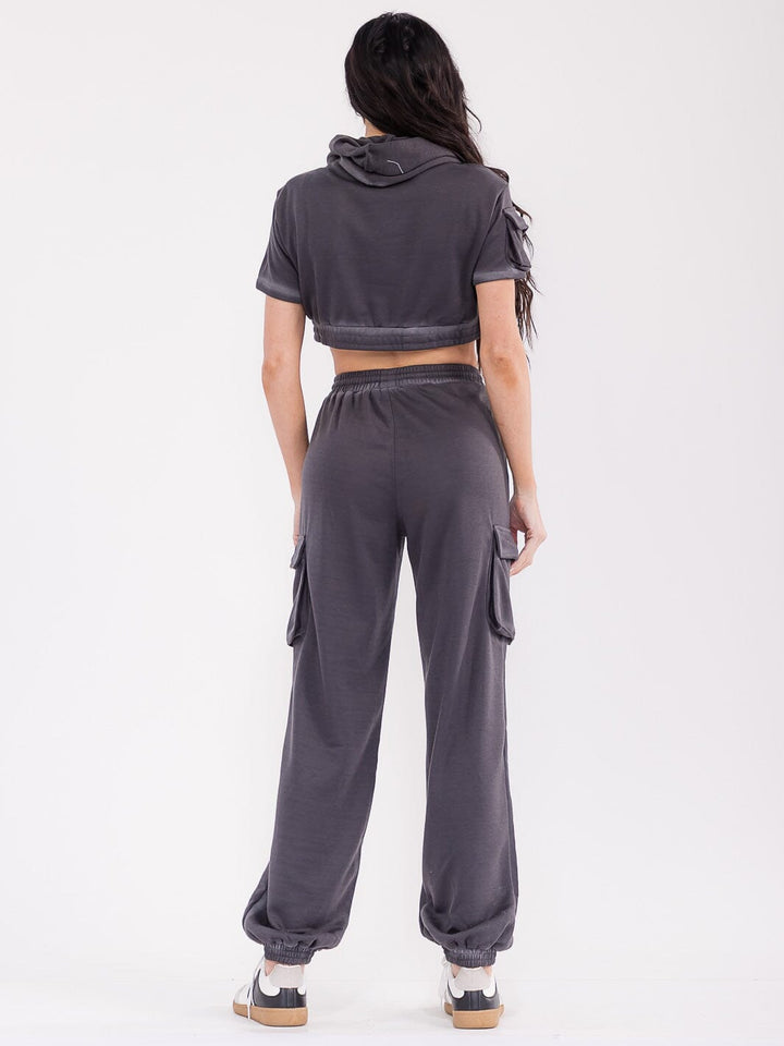 WOMEN'S SHORT SLEEVE HOODED TOP & ELASTIC WAIST PANTS WASHED 2PC. SET