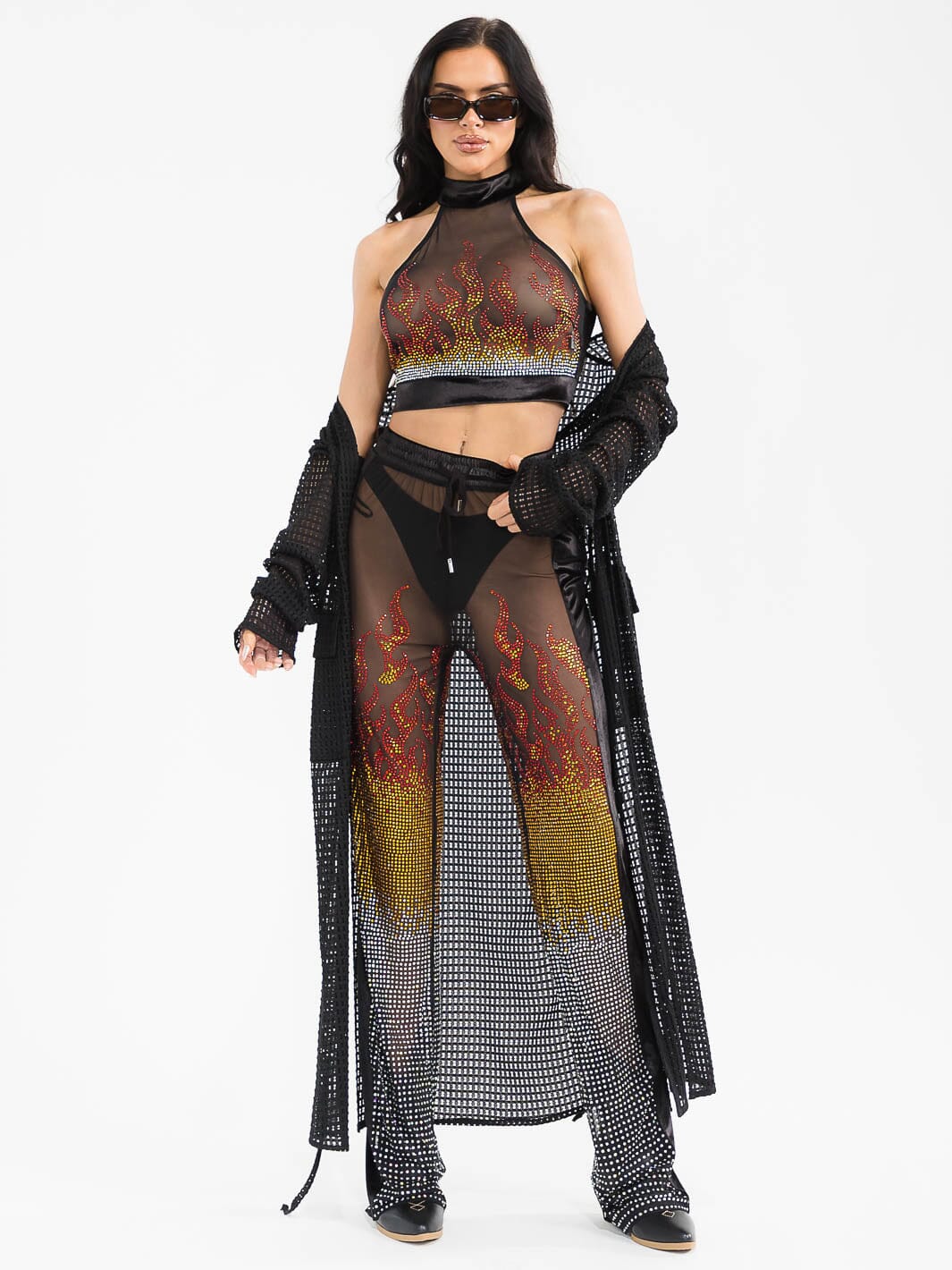 WOMEN'S CROP TOP & ELASTIC WAIST PANTS MESH SEQUINS DETAILED 2PC. SET
