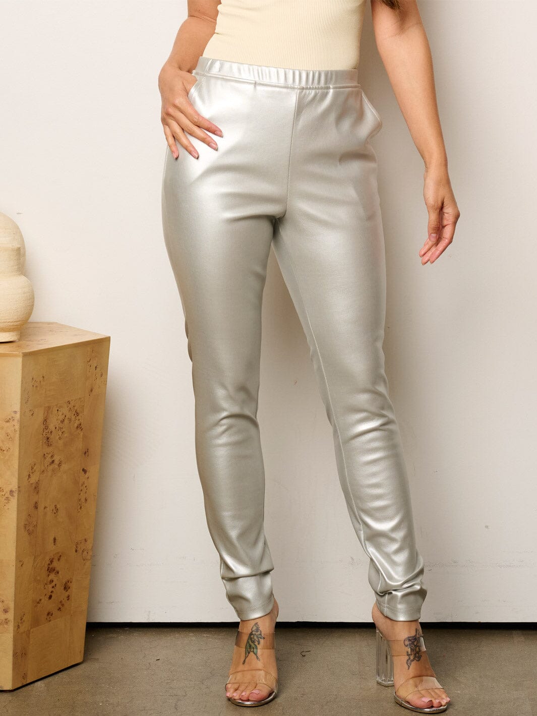 WOMEN'S ELASTIC WAIST POCKETS PU PLEATHER SKINNY PANTS