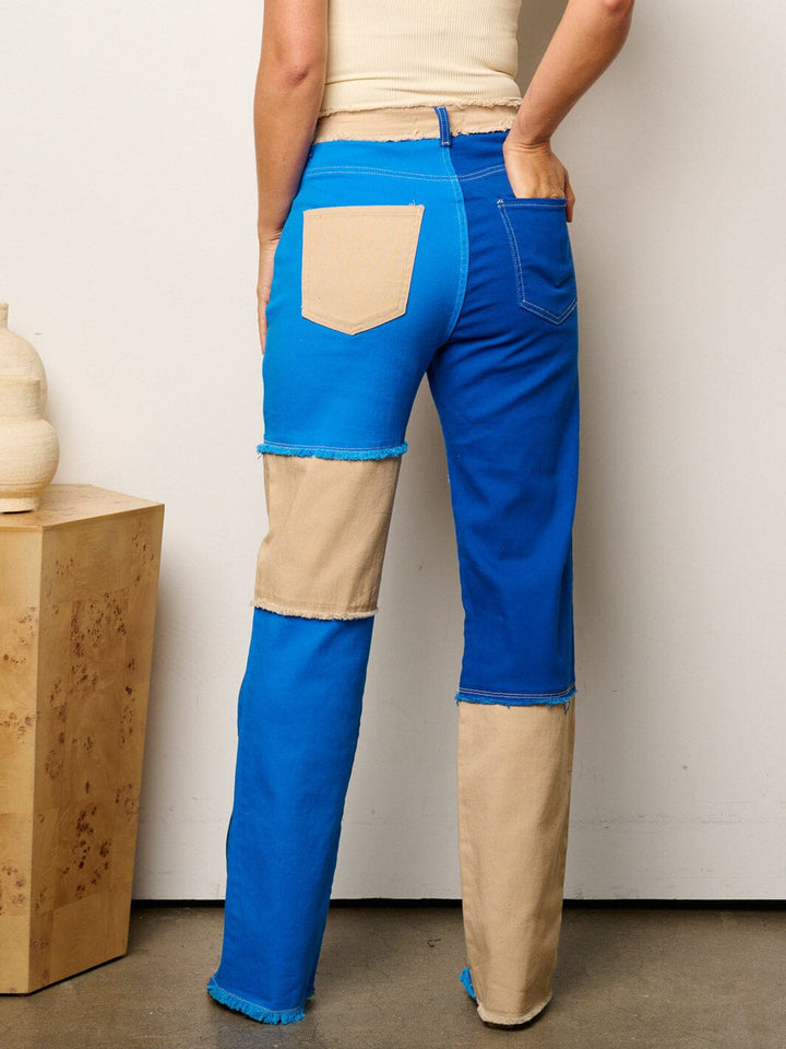 WOMEN'S BUTTON CLOSURE COLORBLOCK DENIM PANTS