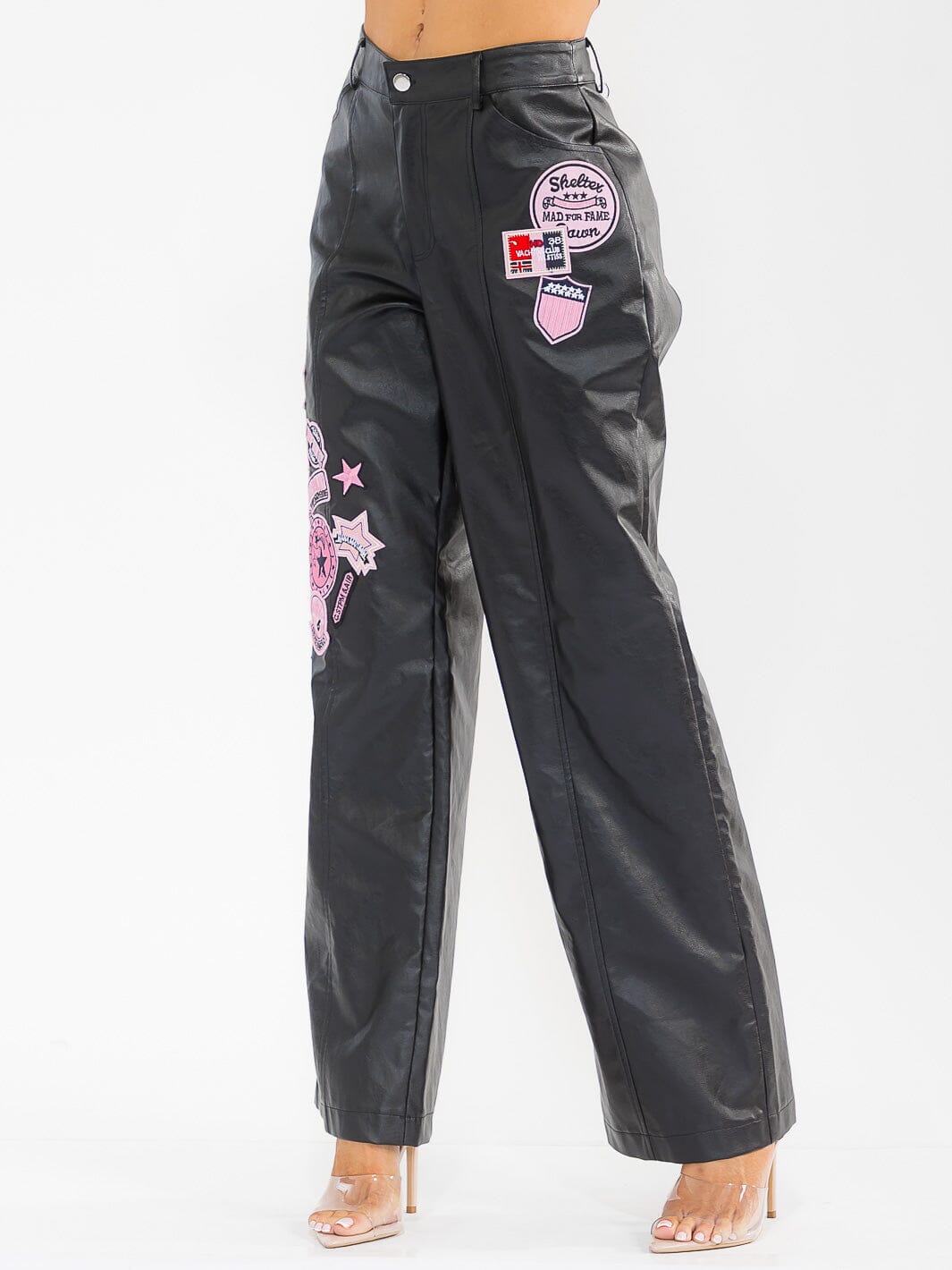 WOMEN'S BUTTON CLOSURE PU PLEATHER GRAPHIC WIDE LEG PANTS
