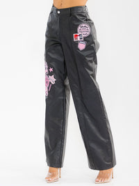WOMEN'S BUTTON CLOSURE PU PLEATHER GRAPHIC WIDE LEG PANTS