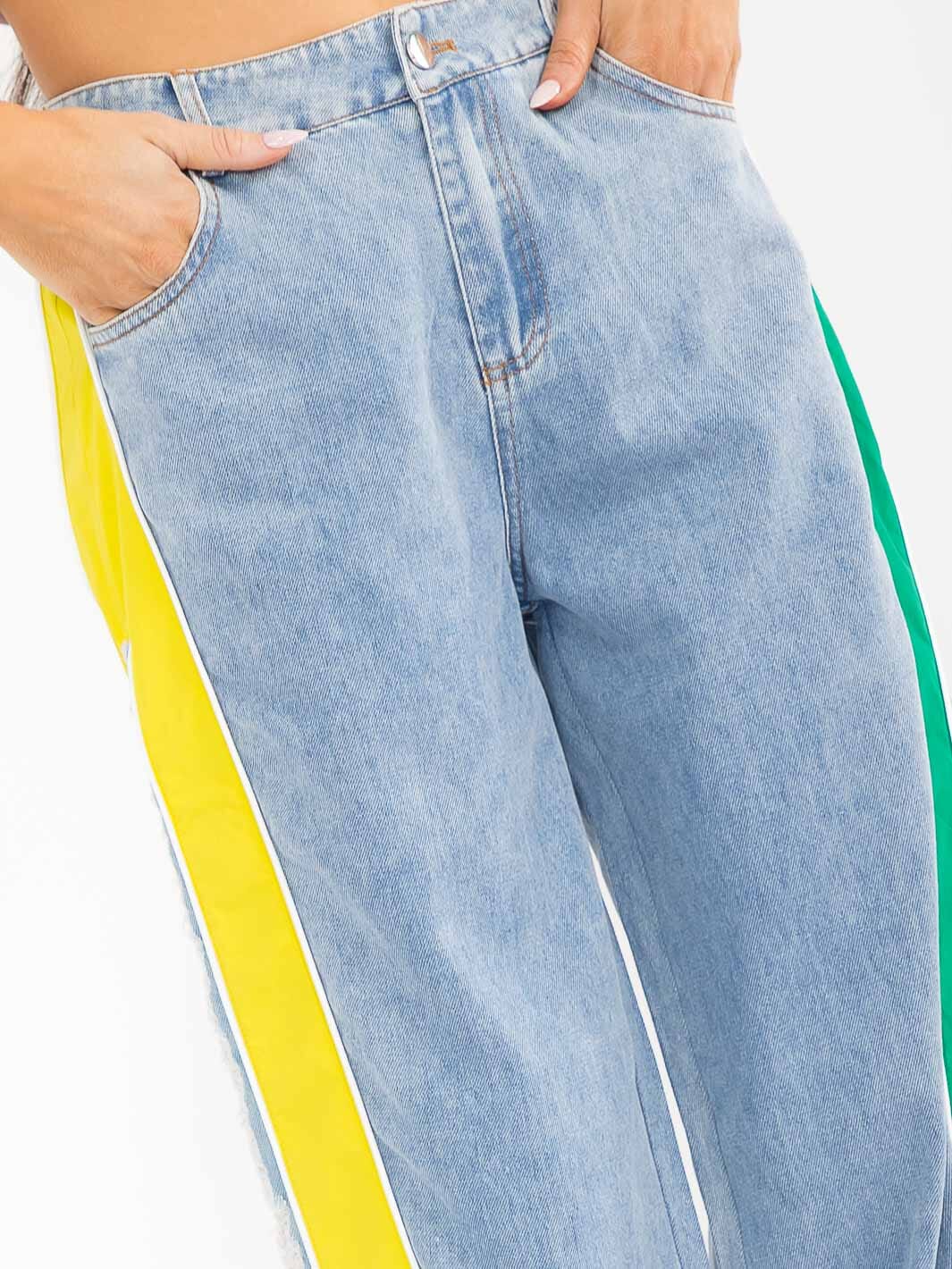 WOMEN'S BUTTON CLOSURE POCKETS DISTRESS COLORBLOCK WIDE LEG DENIM CONTRAST PANTS