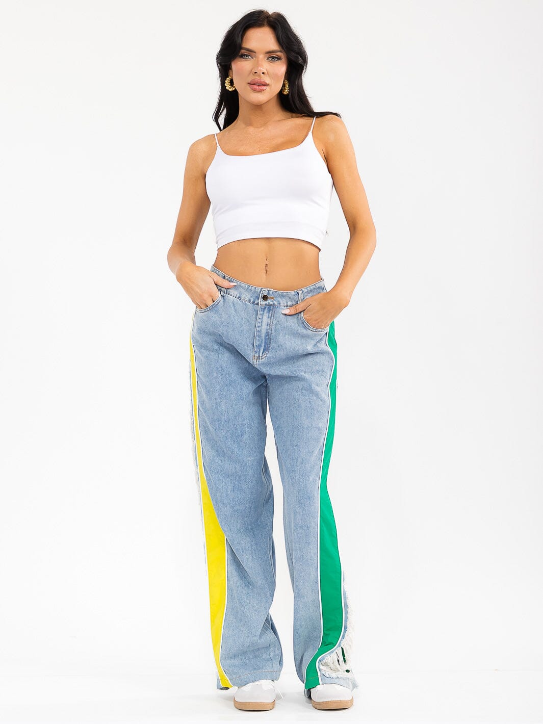 WOMEN'S BUTTON CLOSURE POCKETS DISTRESS COLORBLOCK WIDE LEG DENIM CONTRAST PANTS