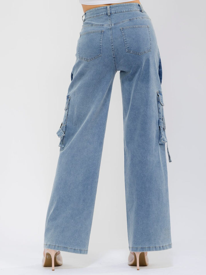 WOMEN'S BUTTON CLOSURE CARGO POCKETS WIDE LEG STRETCH DENIM JEANS