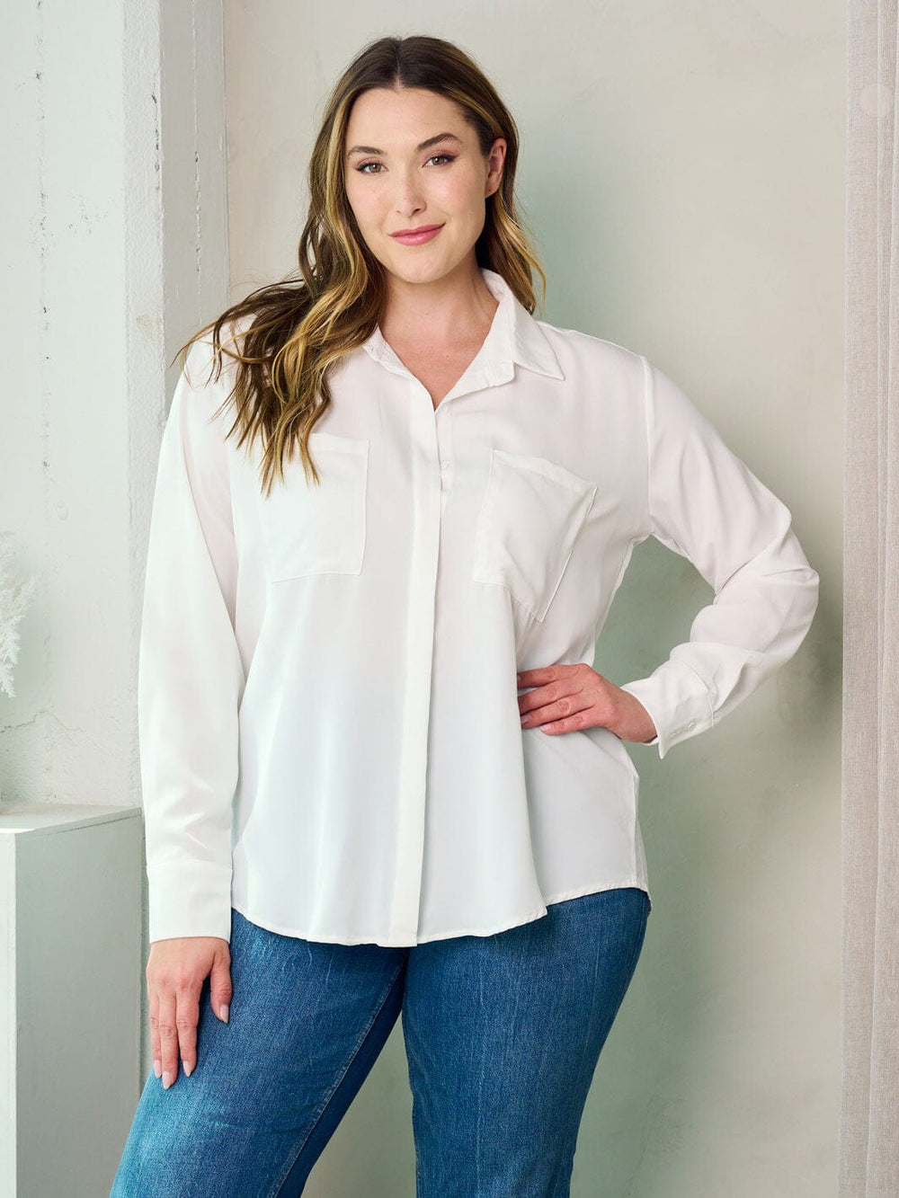 PLUS SIZE LONG SLEEVE BUTTON UP FRONT POCKETS BLOUSE TOP