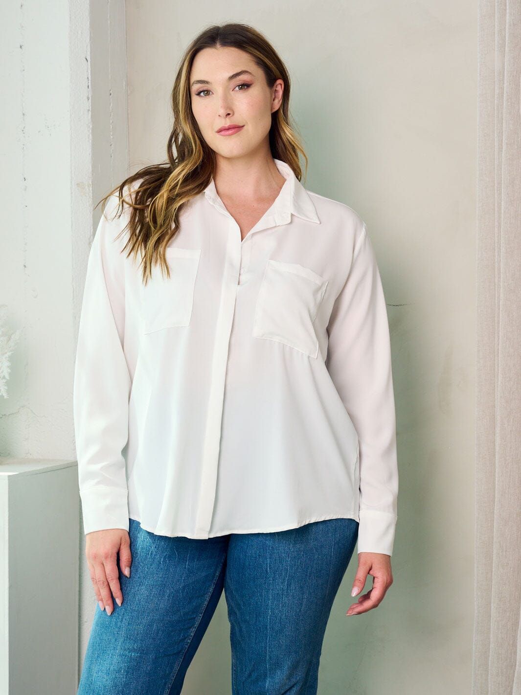 PLUS SIZE LONG SLEEVE BUTTON UP FRONT POCKETS BLOUSE TOP