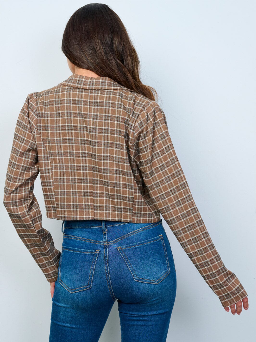 WOMEN'S LONG SLEEVE BUTTON CLOSURE PLAID CROP BLAZER