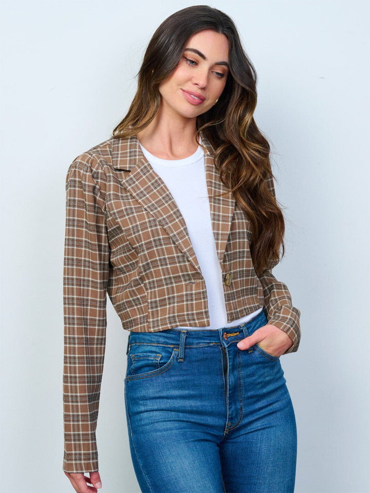 WOMEN'S LONG SLEEVE BUTTON CLOSURE PLAID CROP BLAZER