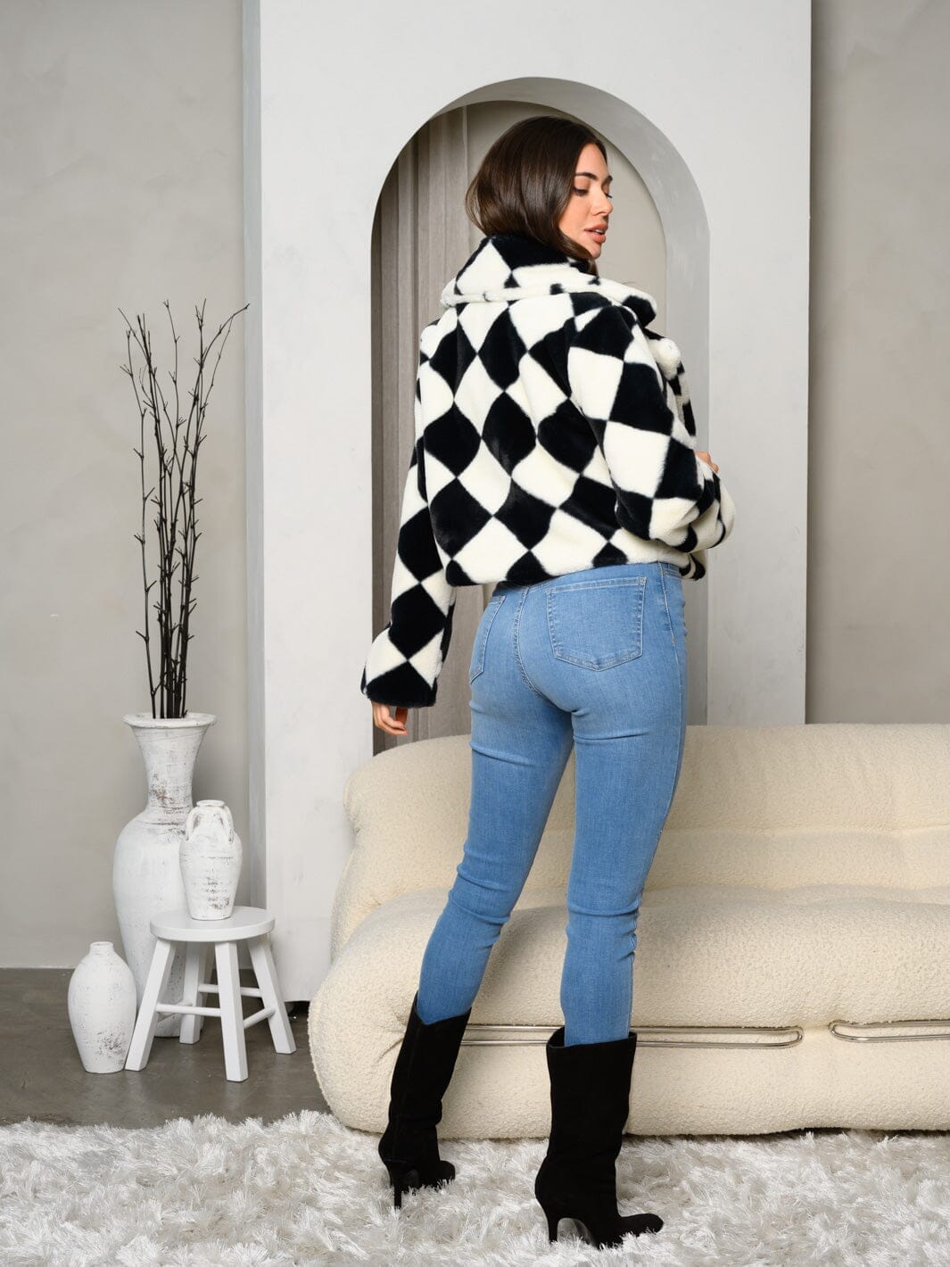 WOMEN'S LONG SLEEVE SQUARE PRINT OPEN FRONT JACKET