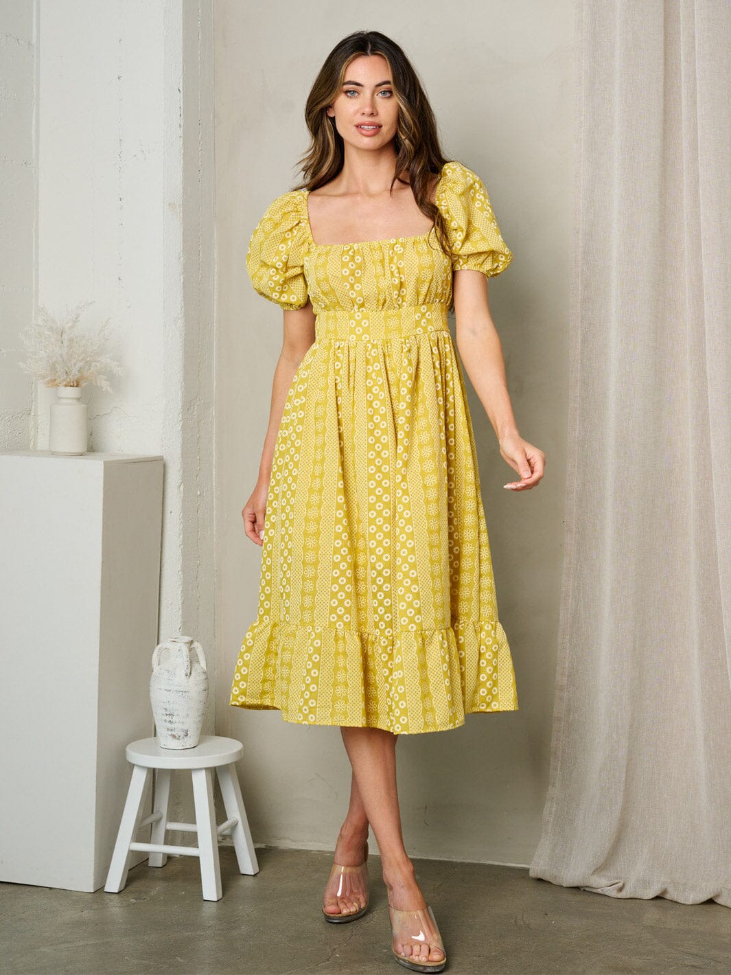 WOMEN'S SHORT PUFF SLEEVE SQUARE NECK FLORAL MIDI DRESS