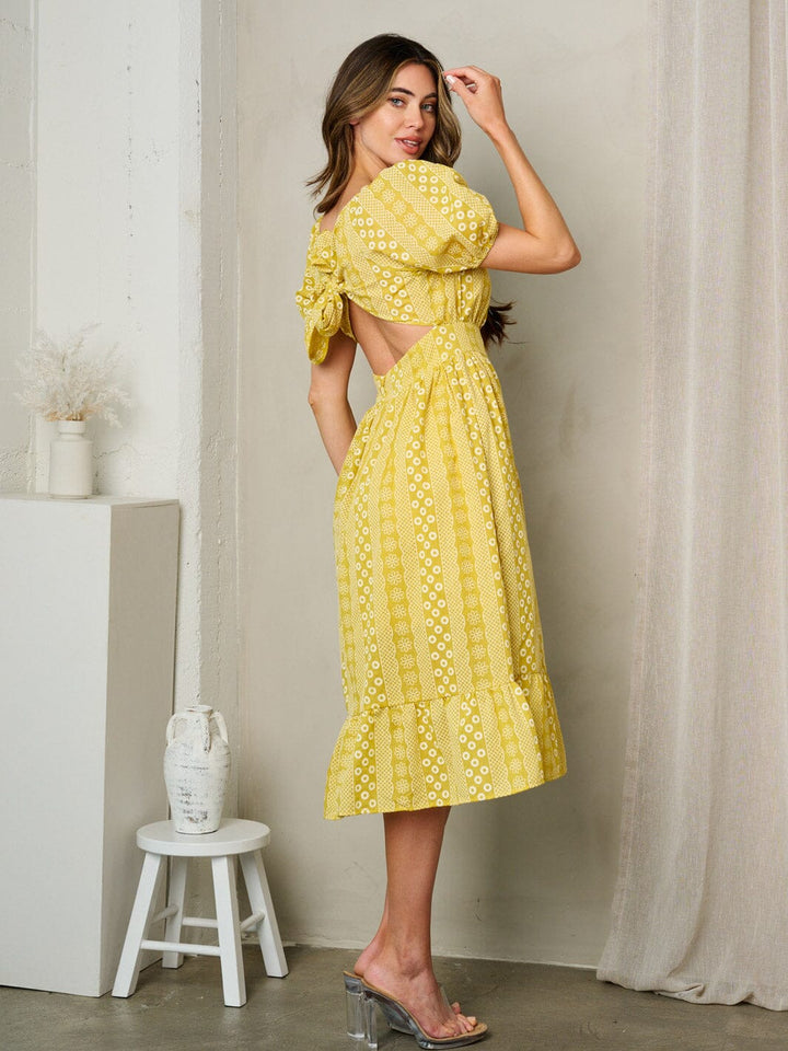 WOMEN'S SHORT PUFF SLEEVE SQUARE NECK FLORAL MIDI DRESS