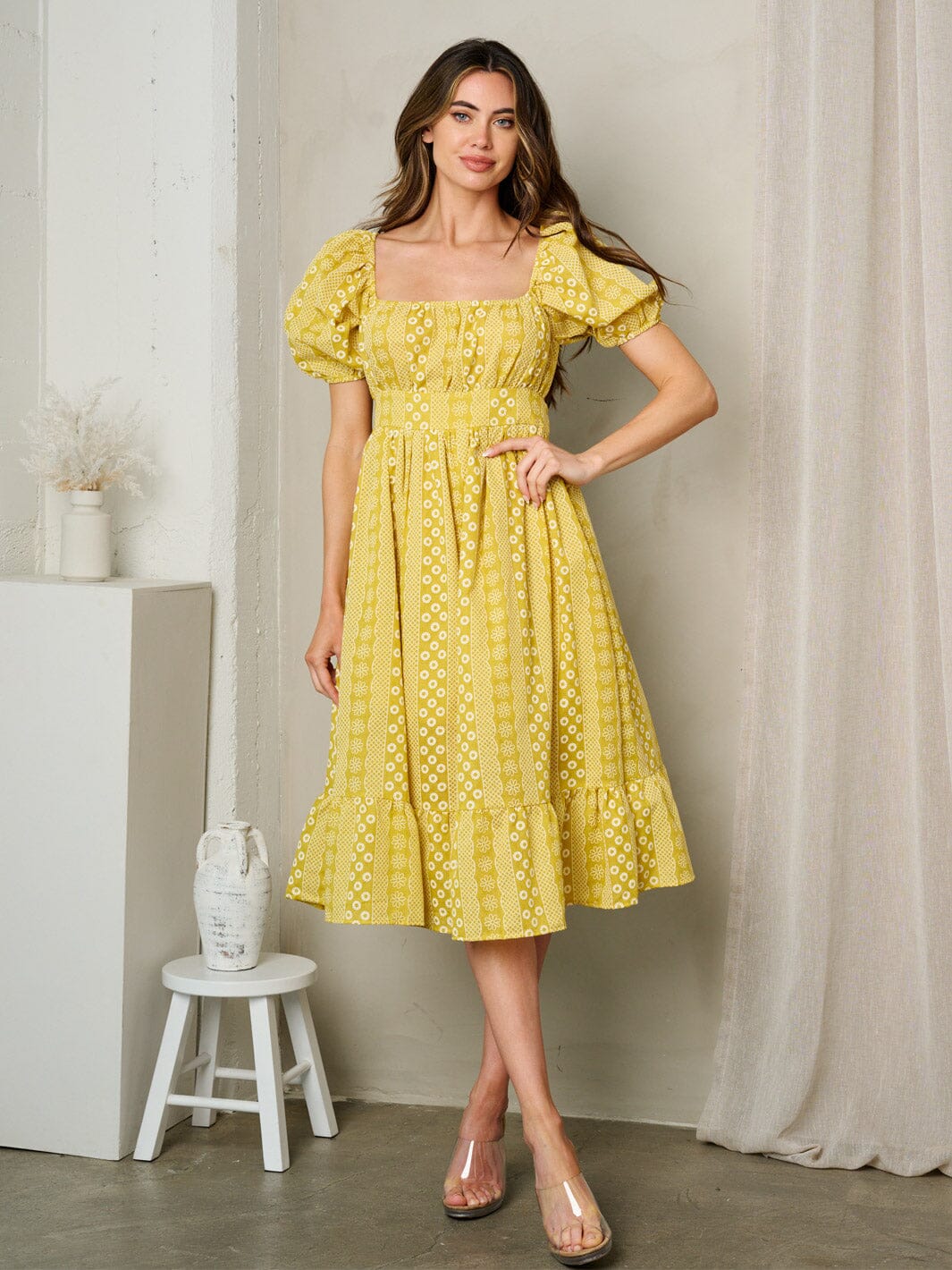 WOMEN'S SHORT PUFF SLEEVE SQUARE NECK FLORAL MIDI DRESS