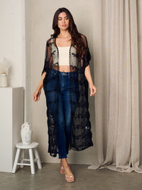 WOMEN'S SHORT SLEEVE OPEN FRONT LACE DETAILED KIMONO