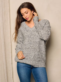 WOMEN'S LONG SLEEVE V-NECK WASHED PULLOVER SWEATER