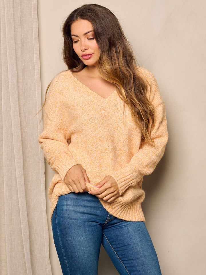 WOMEN'S LONG SLEEVE V-NECK WASHED PULLOVER SWEATER