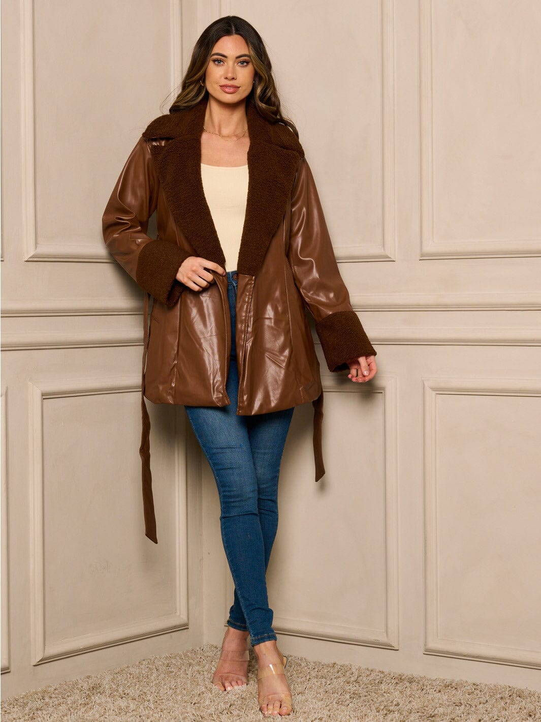 WOMEN'S LONG SLEEVE SHERPA PU PLEATHER SELF TIE JACKET