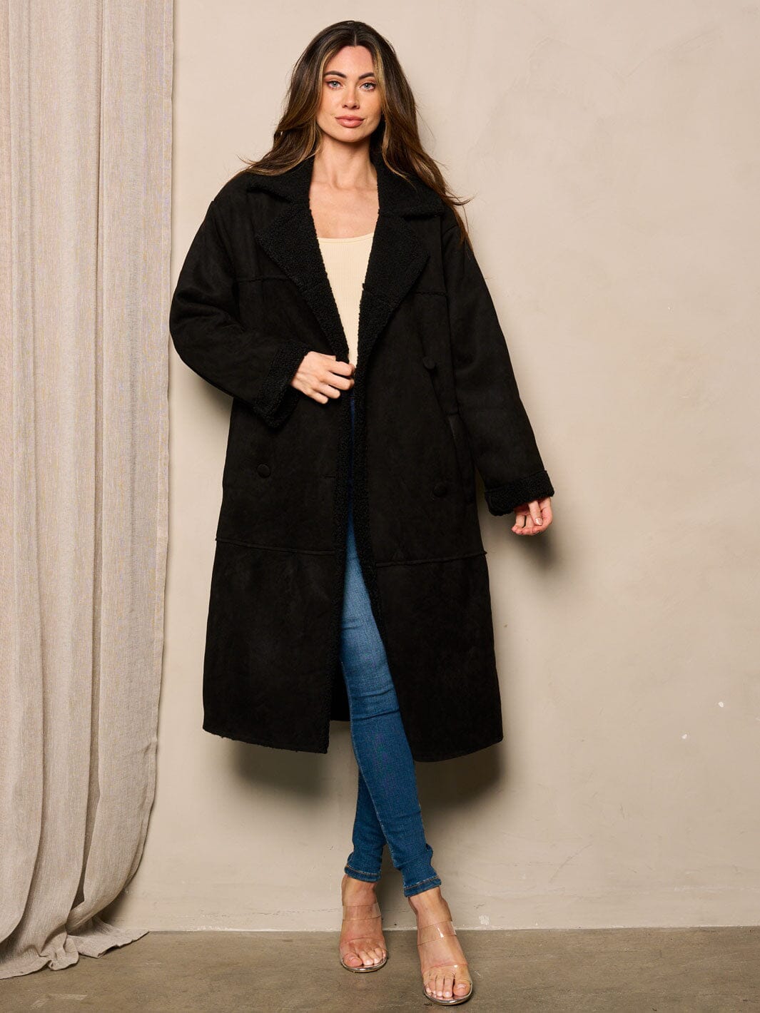 WOMEN'S LONG SLEEVE BUTTON UP POCKETS SHERPA COAT