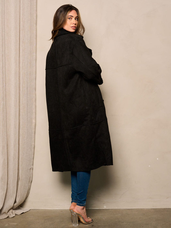 WOMEN'S LONG SLEEVE BUTTON UP POCKETS SHERPA COAT