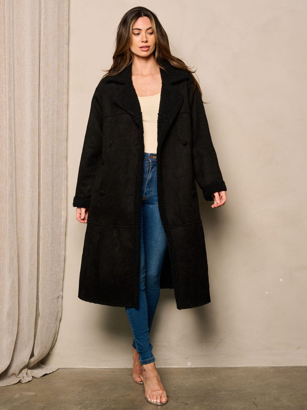 WOMEN'S LONG SLEEVE BUTTON UP POCKETS SHERPA COAT