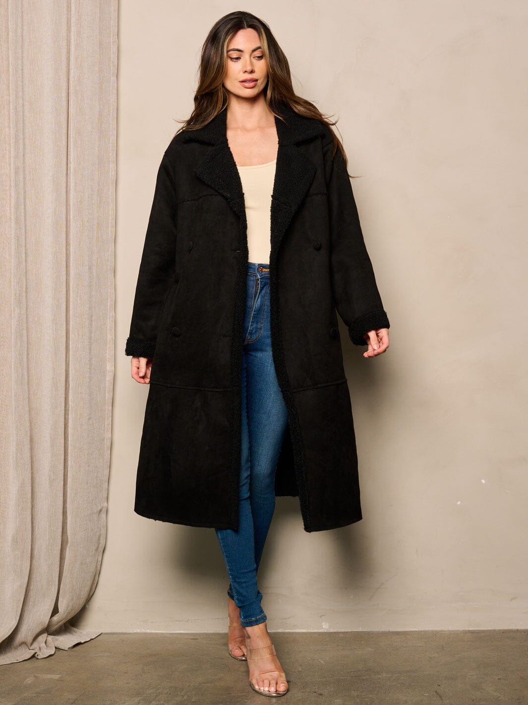 WOMEN'S LONG SLEEVE BUTTON UP POCKETS SHERPA COAT