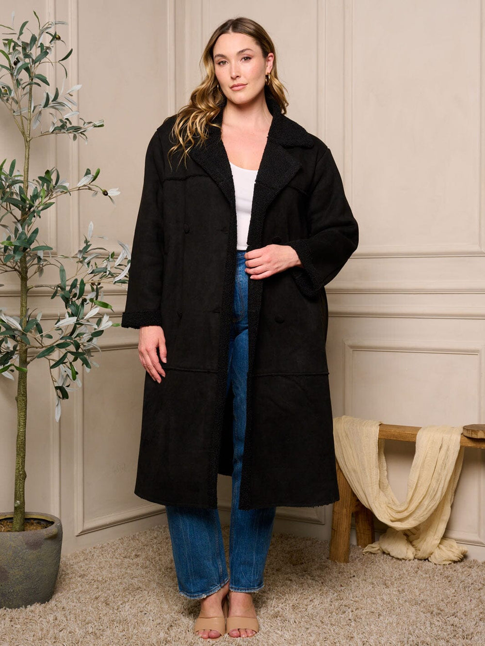 PLUS SIZE LONG SLEEVE BUTTON CLOSURE POCKETS SHERPA COAT
