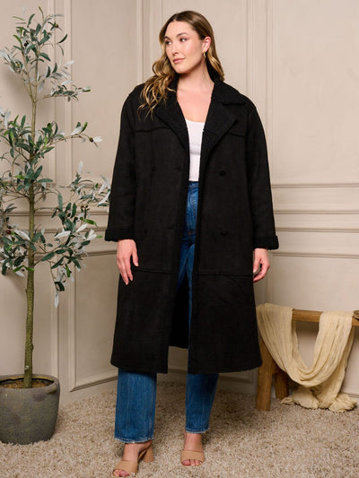 PLUS SIZE LONG SLEEVE BUTTON CLOSURE POCKETS SHERPA COAT