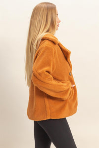 WOMEN'S LONG SLEEVE BUTTON CLOSURE FRONT POCKETS SHERPA JACKET