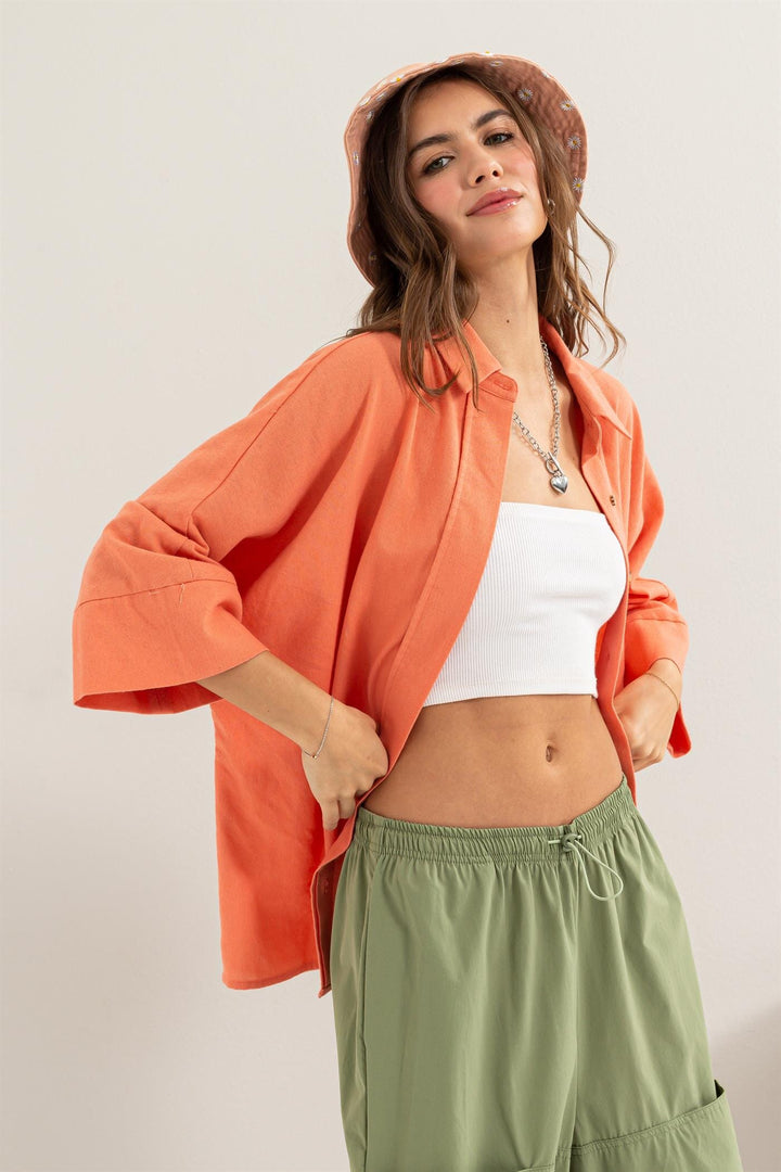 WOMEN'S 3/4 SLEEVE BUTTON UP LOOSE FIT TOP