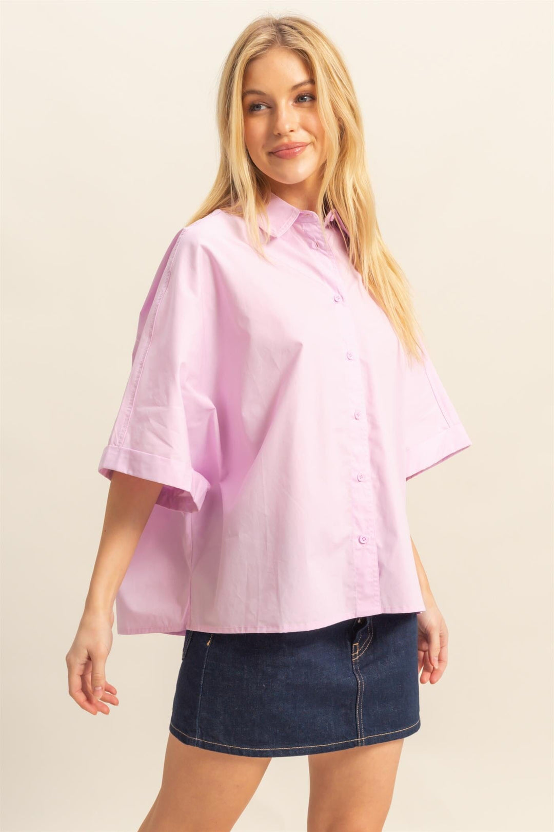 WOMEN'S SHORT SLEEVE BUTTON UP LOOSE FIT TOP