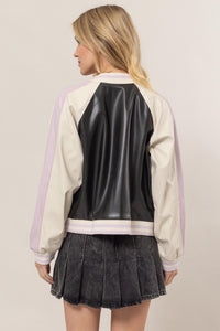 WOMEN'S LONG SLEEVE BUTTON UP FRONT POCKETS COLORBLOCK PU PLEATHER JACKET