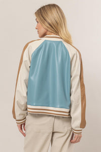 WOMEN'S LONG SLEEVE BUTTON UP FRONT POCKETS COLORBLOCK PU PLEATHER JACKET