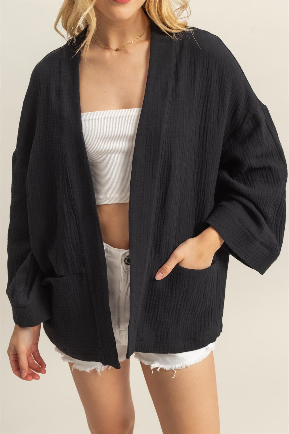WOMEN'S LONG SLEEVE OPEN FRONT POCKETS CARDIGAN