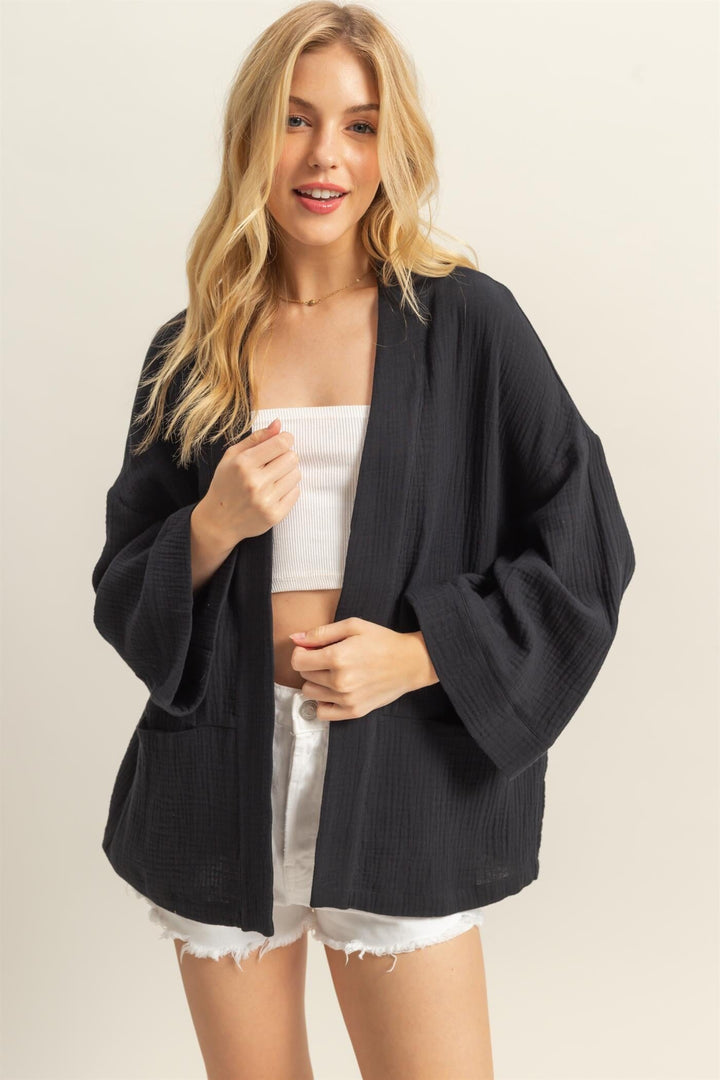 WOMEN'S LONG SLEEVE OPEN FRONT POCKETS CARDIGAN