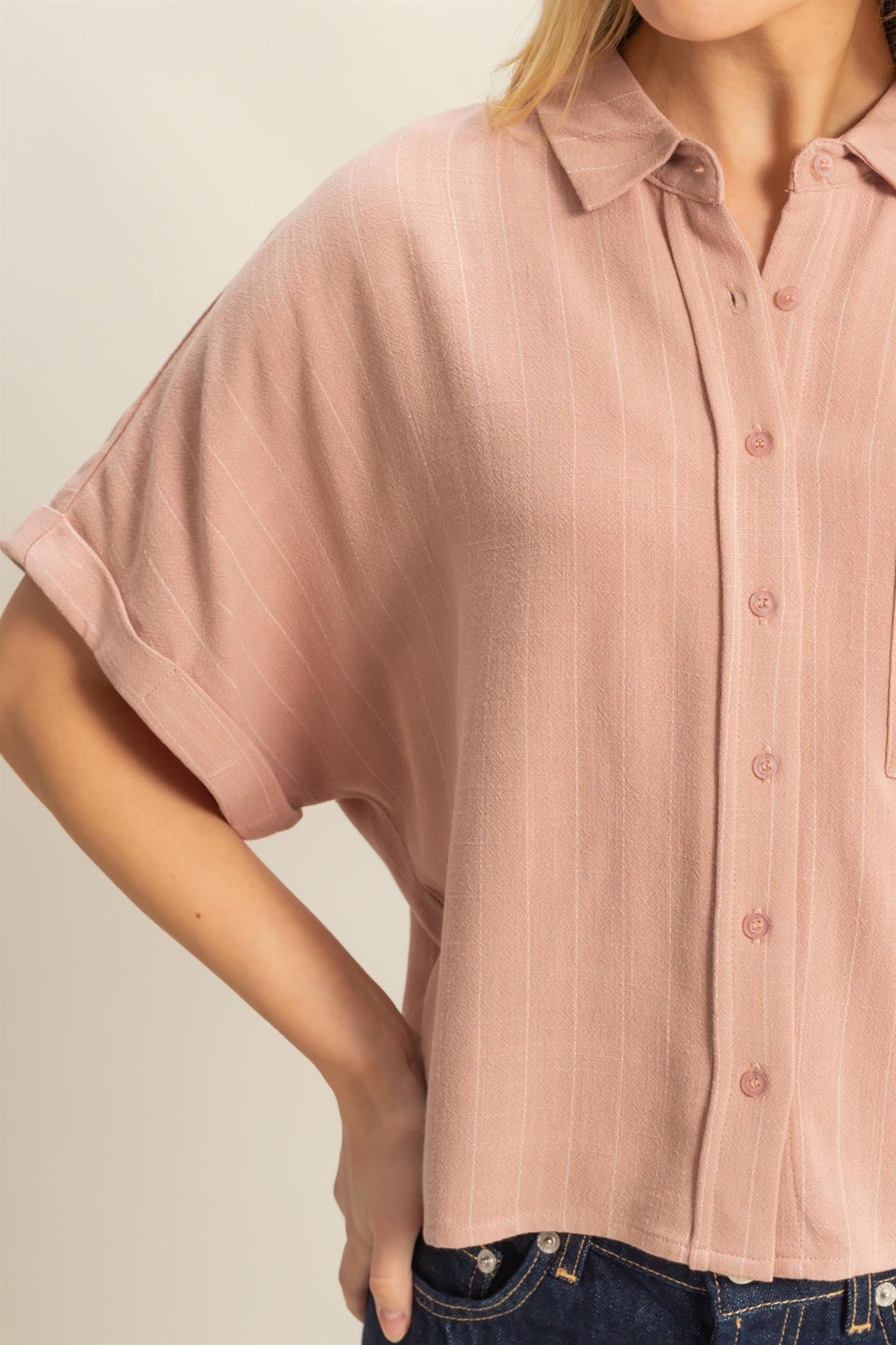 WOMEN'S SHORT SLEEVE BUTTON UP LOOSE FIT TOP