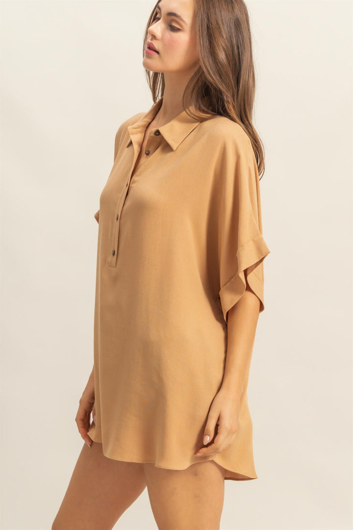 *********WOMEN'S SHORT SLEEVE BUTTON UP TIERED TUNIC TOP
